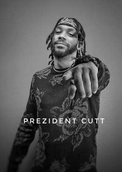 Black and white portrait of Prezident Cutt pointing at the camera